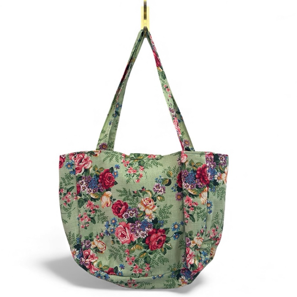Handmade Floral Green Shoulder Bag w/ Green Print Interior